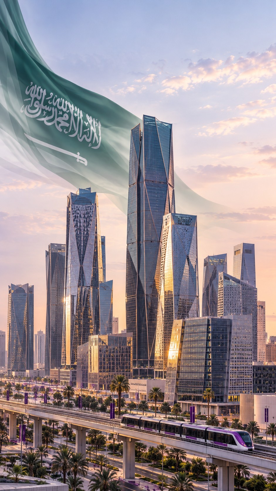 أبراج مركز الملك عبدالله المالي في الرياض يعلوها العلم السعودي